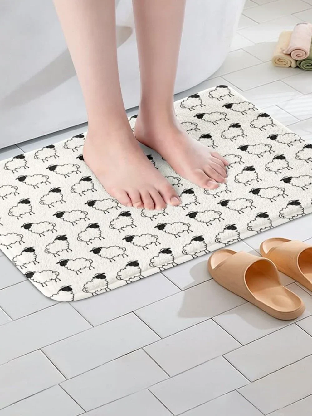 Cute Sheep Bathroom Rug 16x24, Farmhouse Animals Printed Microfiber Small Bath M